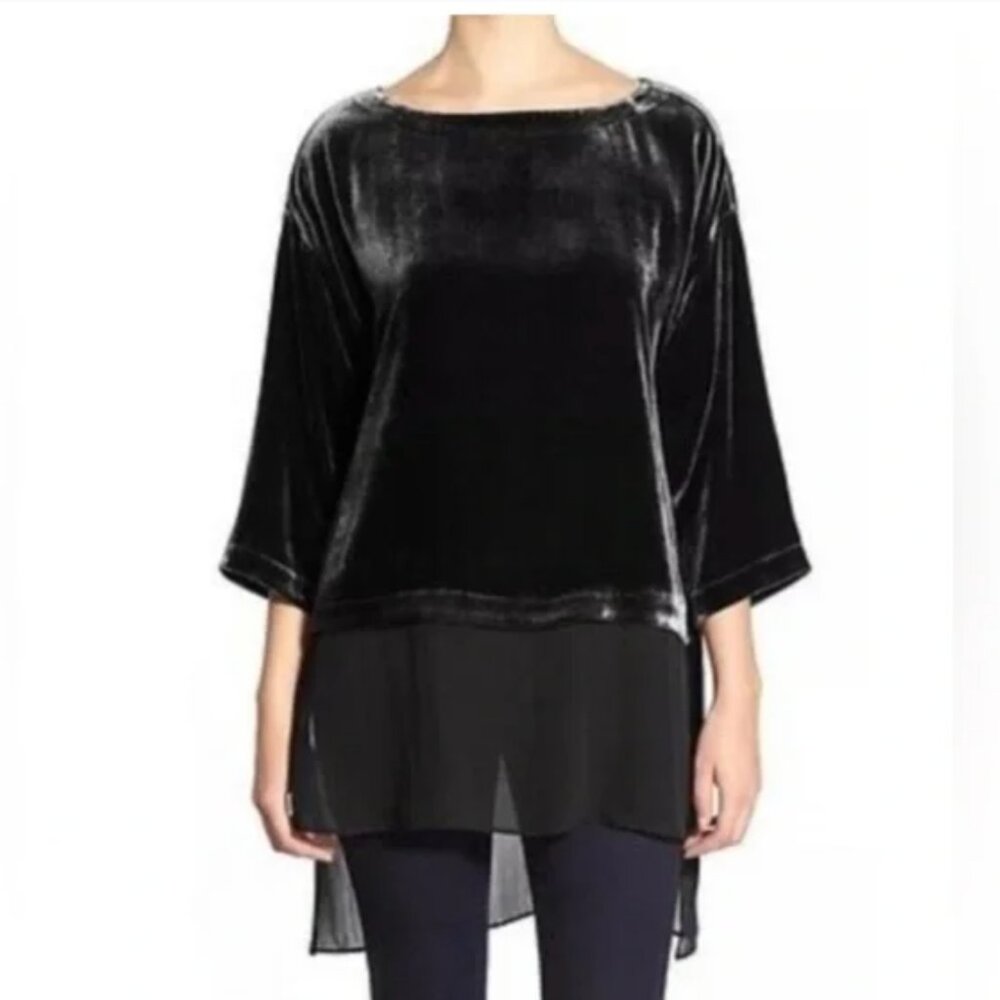 EILEEN FISHER BATEAU NECK VELVET SHEER SILK HI-LO HEM TUNIC BLACK Size Large
